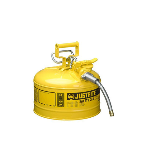 Justrite AccuFlow 7225220 Type II Galvanized Steel Safety Can with 5/8" Flexible Spout, 2.5 Gallon Capacity, Yellow