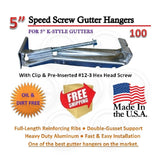 5" Speed-Screw Gutter Hanger | with Clip | K-Style Gutters. | With pre-inserted screw. | Box Qty 100